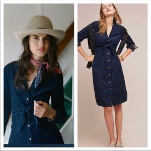 Anthropologie Maeve Navy Winchester Tie Front Shirt Dress - size 14